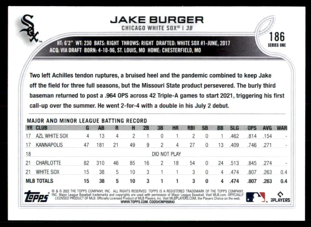 2022 Topps Jake Burger Rookie Chicago White Sox #186