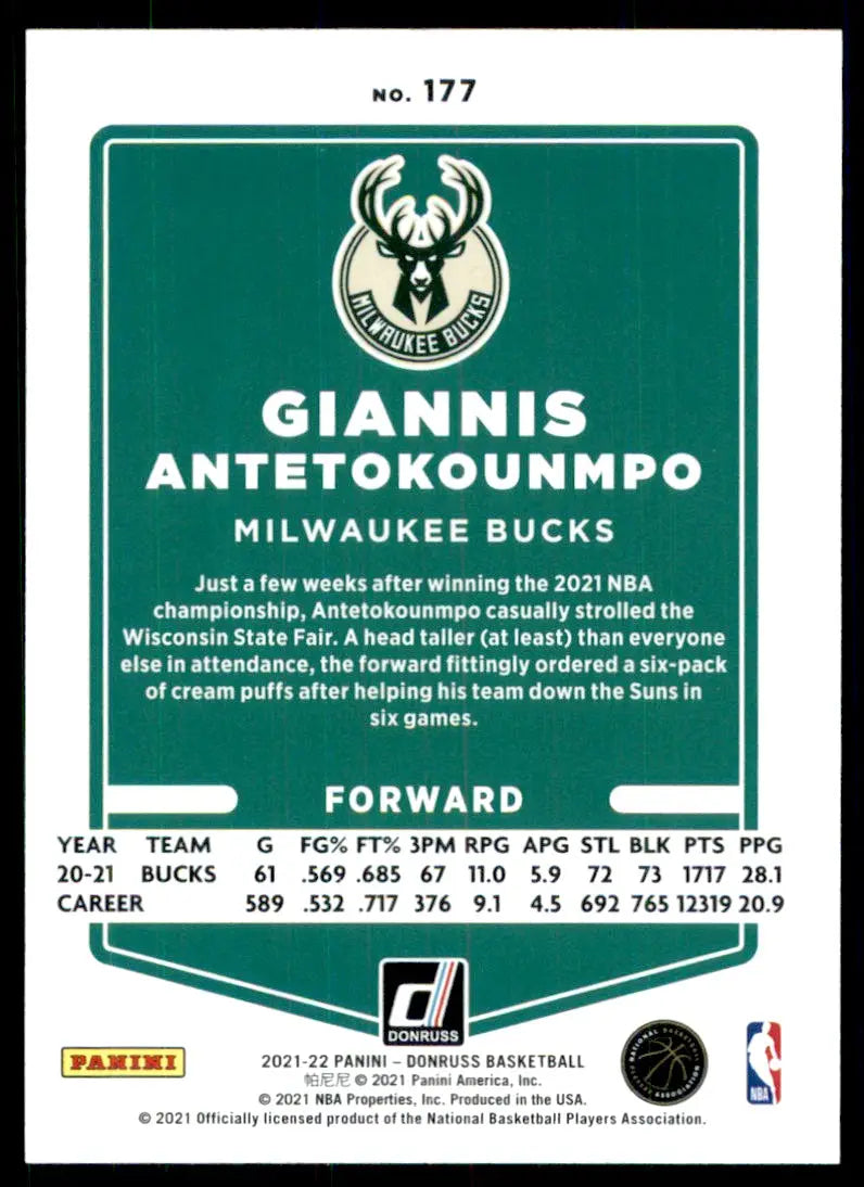 2021-22 Panini Donruss Giannis Antetokounmpo Milwaukee Bucks #177