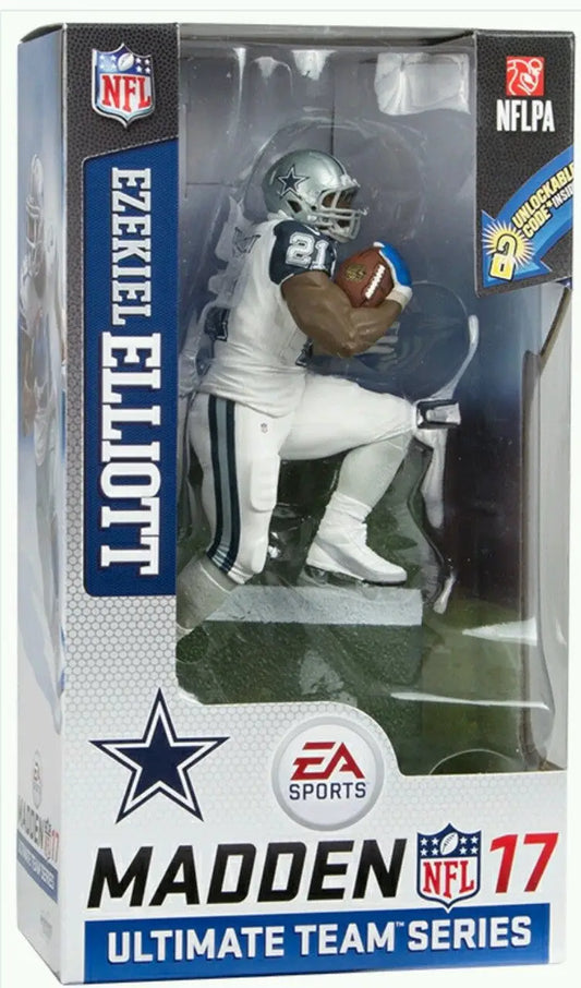 Action figure of Dallas Cowboys player Ezekiel Elliott in white uniform, Madden NFL collectible