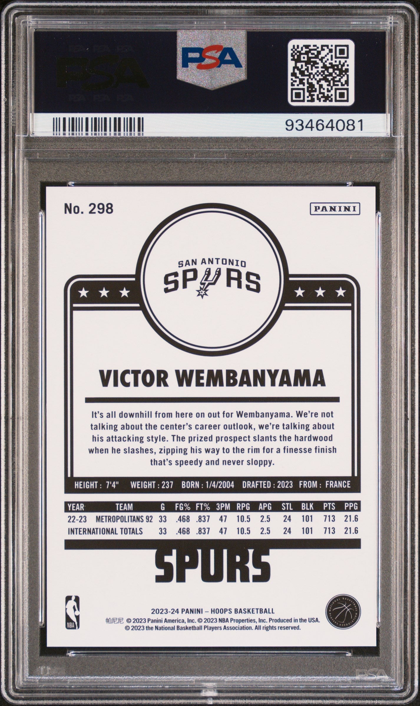 Back of Victor Wembanyama 2023 Hoops trading card in PSA 10 Gem Mint case