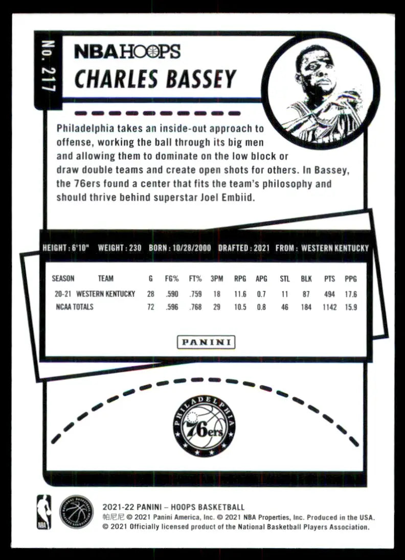 2021-22 Panini NBA Hoops Charles Bassey Rookie Philadelphia 76ers #217