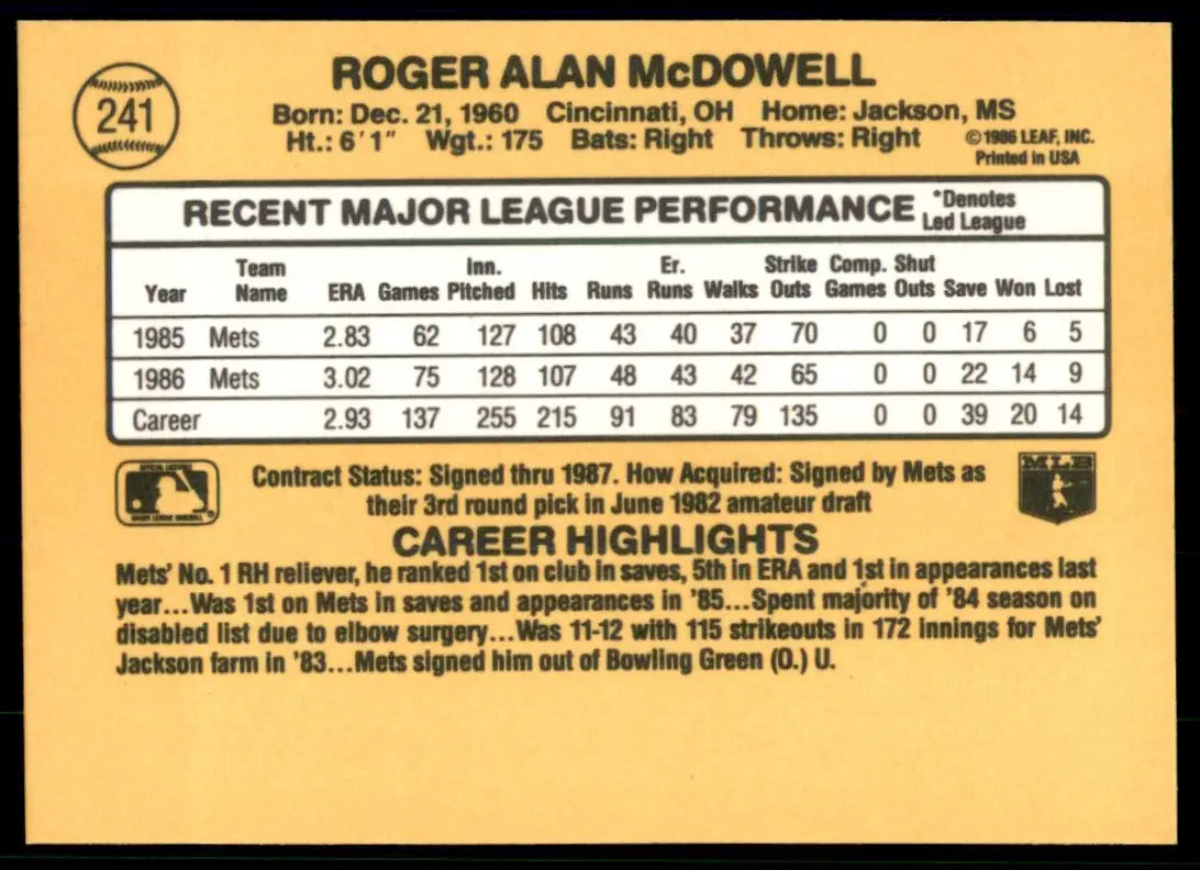 1987 Donruss Roger McDowell New York Mets #241