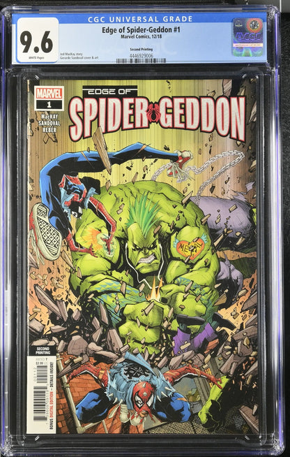 Graded Edge Of Spider-Geddon #1 comic with Spider-Man, encased for trading card collectors