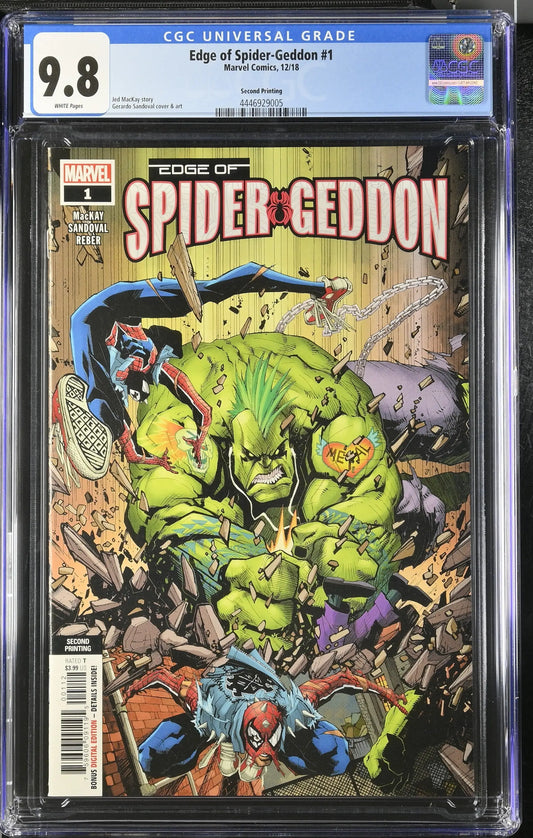 CGC 9.8 Edge Of Spider-Geddon #1 comic features Spider-Man battling green monsters