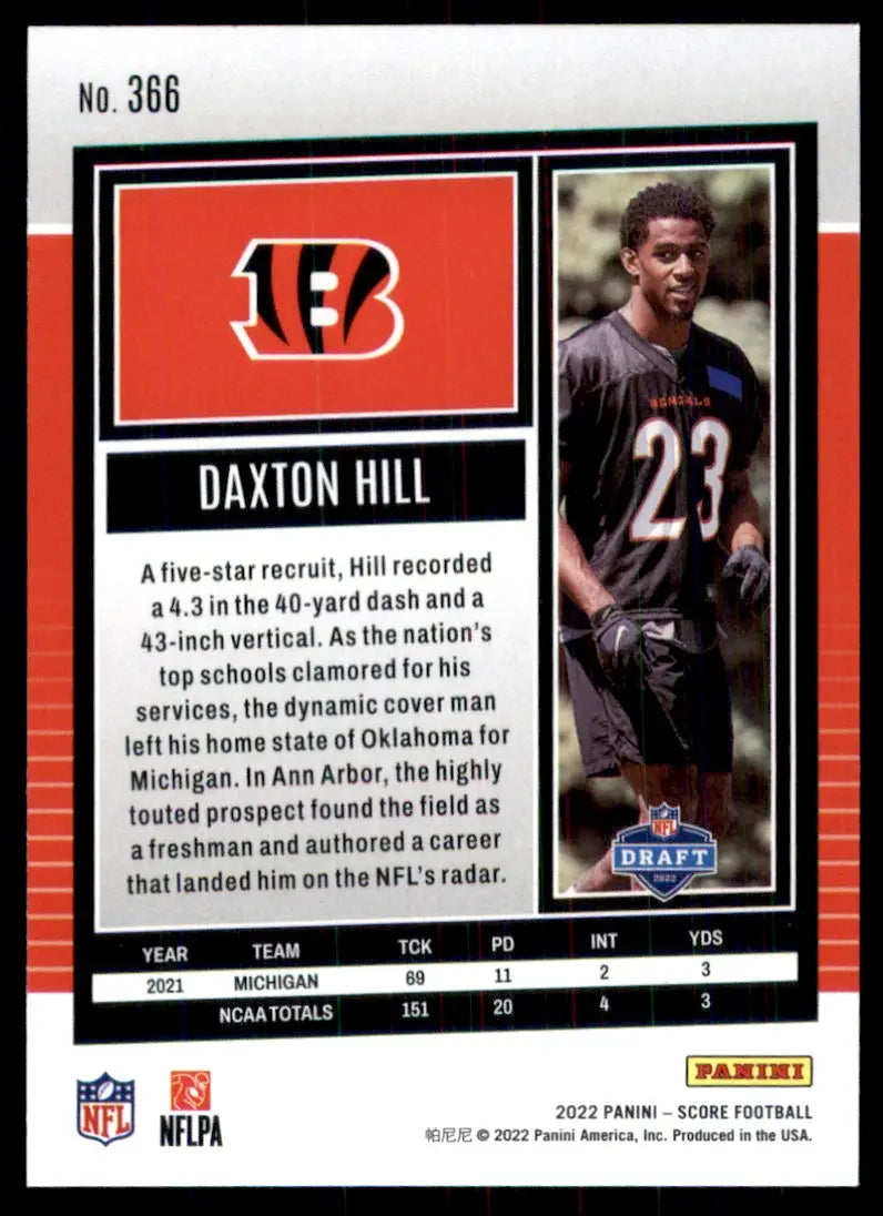 2022 Score Daxton Hill Rookie Cincinnati Bengals #366