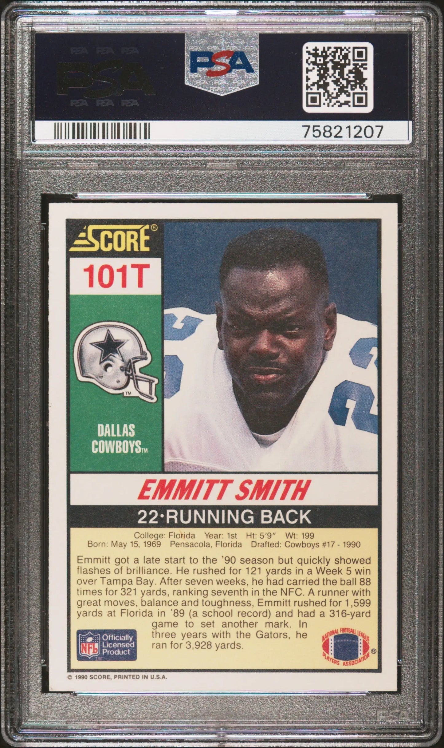 Emmitt Smith 1990 Score Supplemental 101T PSA 9 Mint football card Dallas Cowboys 22 jersey