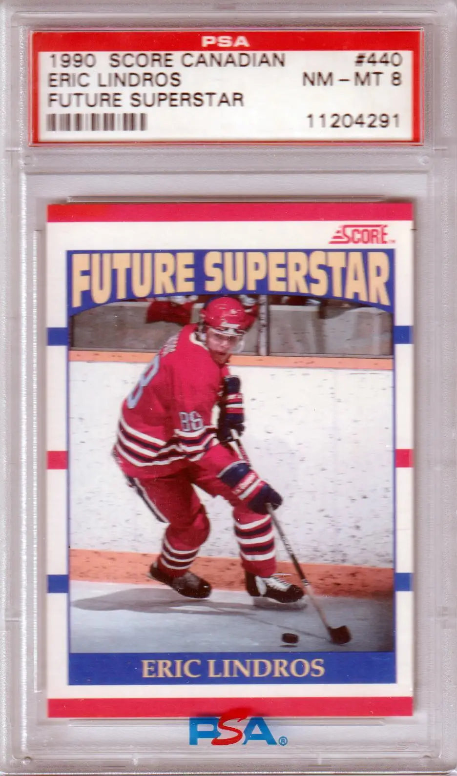 PSA-graded 1990 Score Canadian hockey card of Eric Lindros, Future Superstar PSA 8 NM-MT