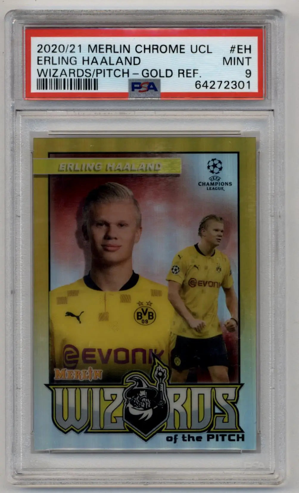 PSA-graded 2020-21 Merlin Chrome UCL Wizards of the Pitch Gold Refractor card of Haaland