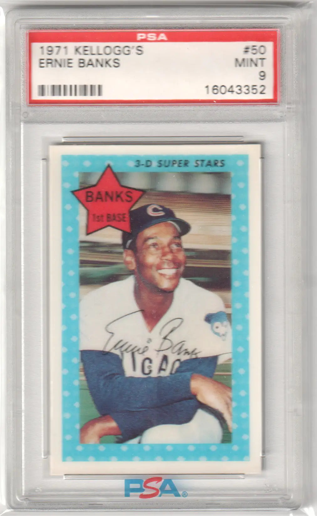 PSA-graded 1971 Kellogg’s Ernie Banks Cubs trading card in mint condition from Columbia Hobby