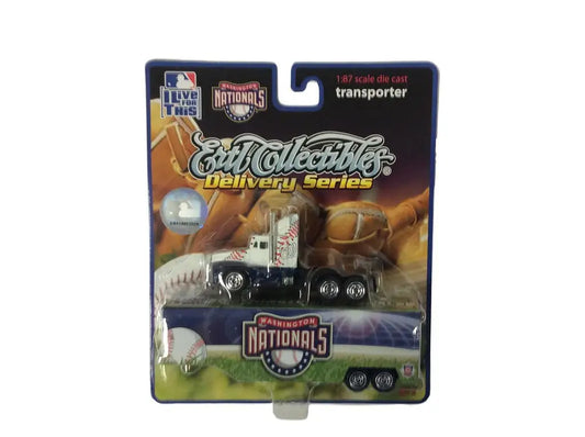 Toy truck transporter featuring Washington Nationals branding in packaging for baseball cards