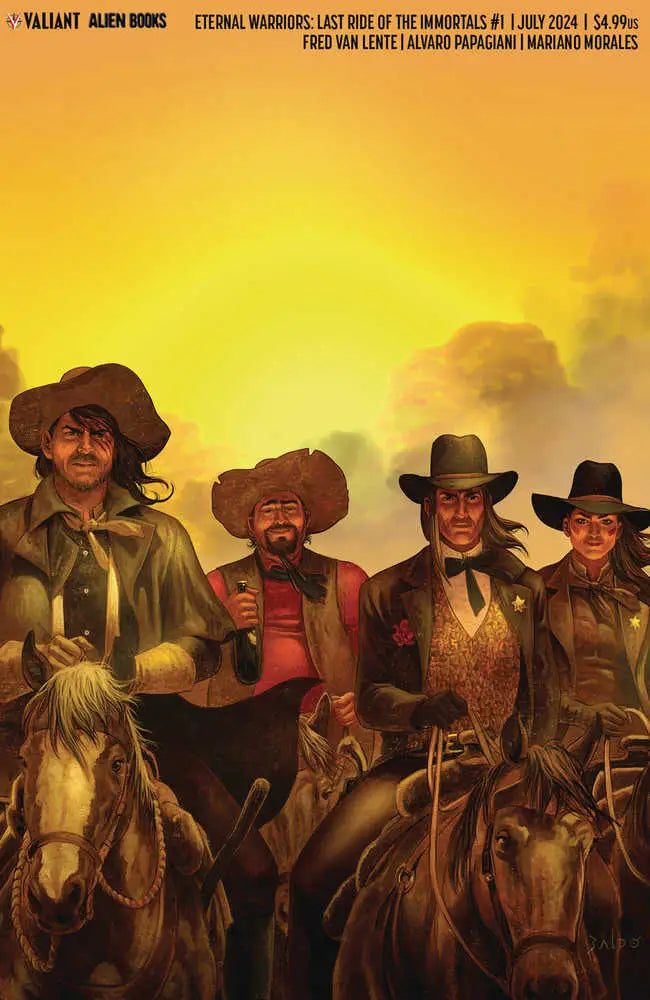 Four cowboys in wide-brimmed hats against a golden sky, Eternal Warriors cover C Baldo