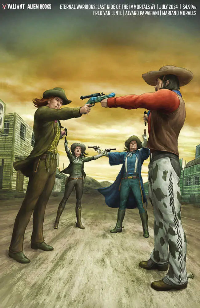 Dramatic cowboy standoff illustration for Eternal Warriors Last Ride Immortals trading cards