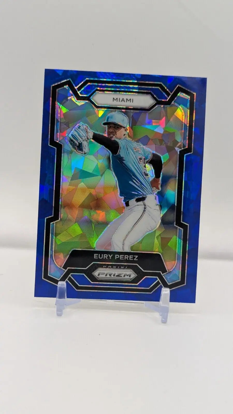 Eury Perez 2024 Panini Prizm Baseball card featuring blue cracked ice design