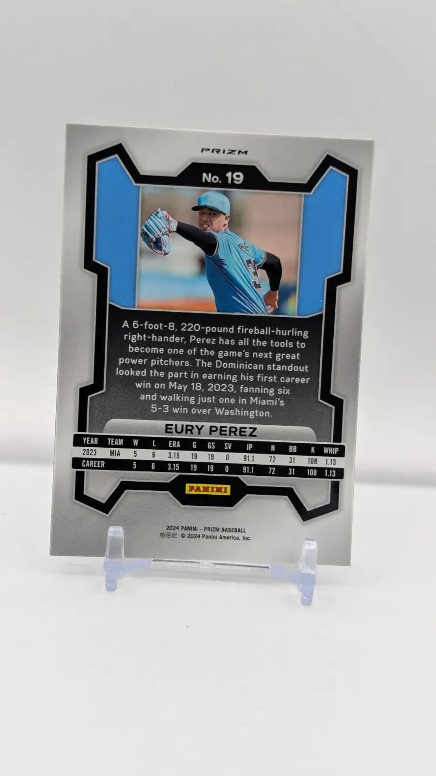 Eury Perez 2024 Panini Prizm Blue Cracked Ice Baseball Card Marlins #19