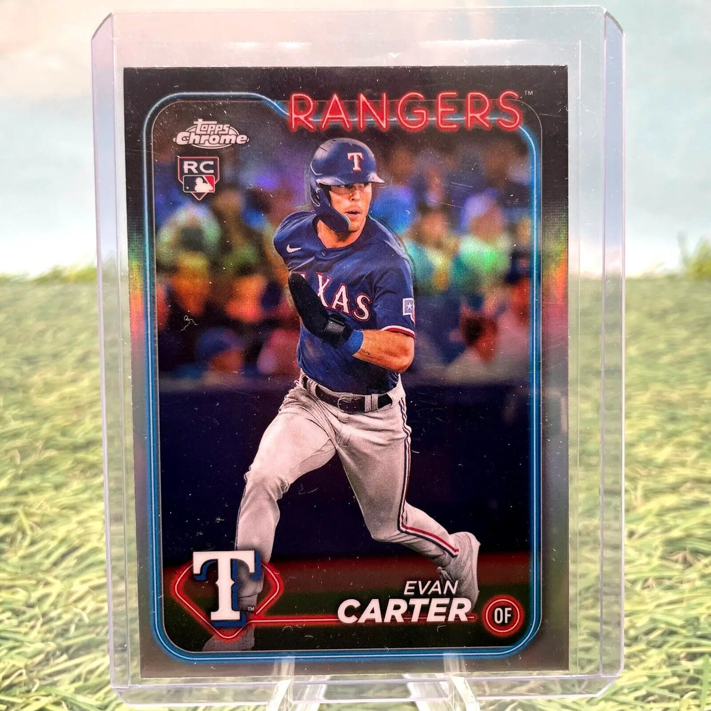 Evan Carter Texas Rangers trading card in navy blue uniform, 2024 Topps Chrome Refractor