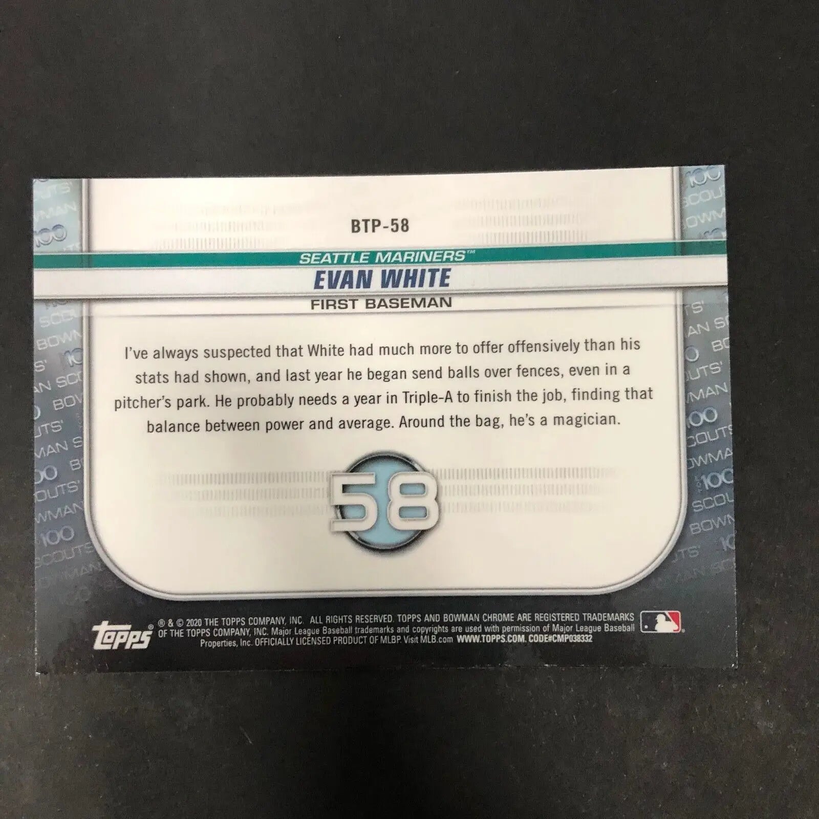 Back of Evan White Bowman Chrome 2020 #BTP-58 Top 100 Insert Seattle Mariners MLB card