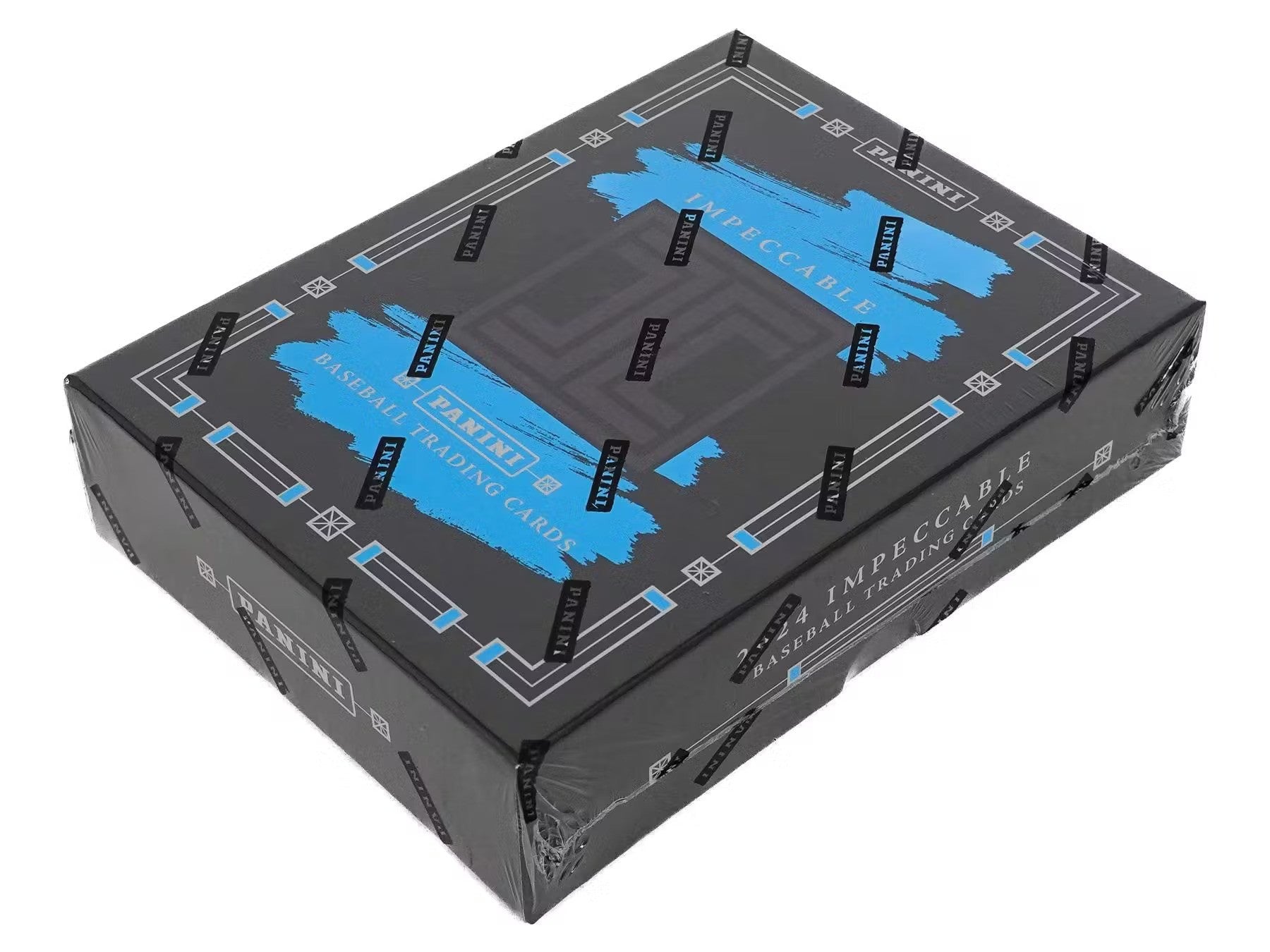 Black rectangular 2024 Panini Impeccable Baseball Hobby Box with blue geometric patterns