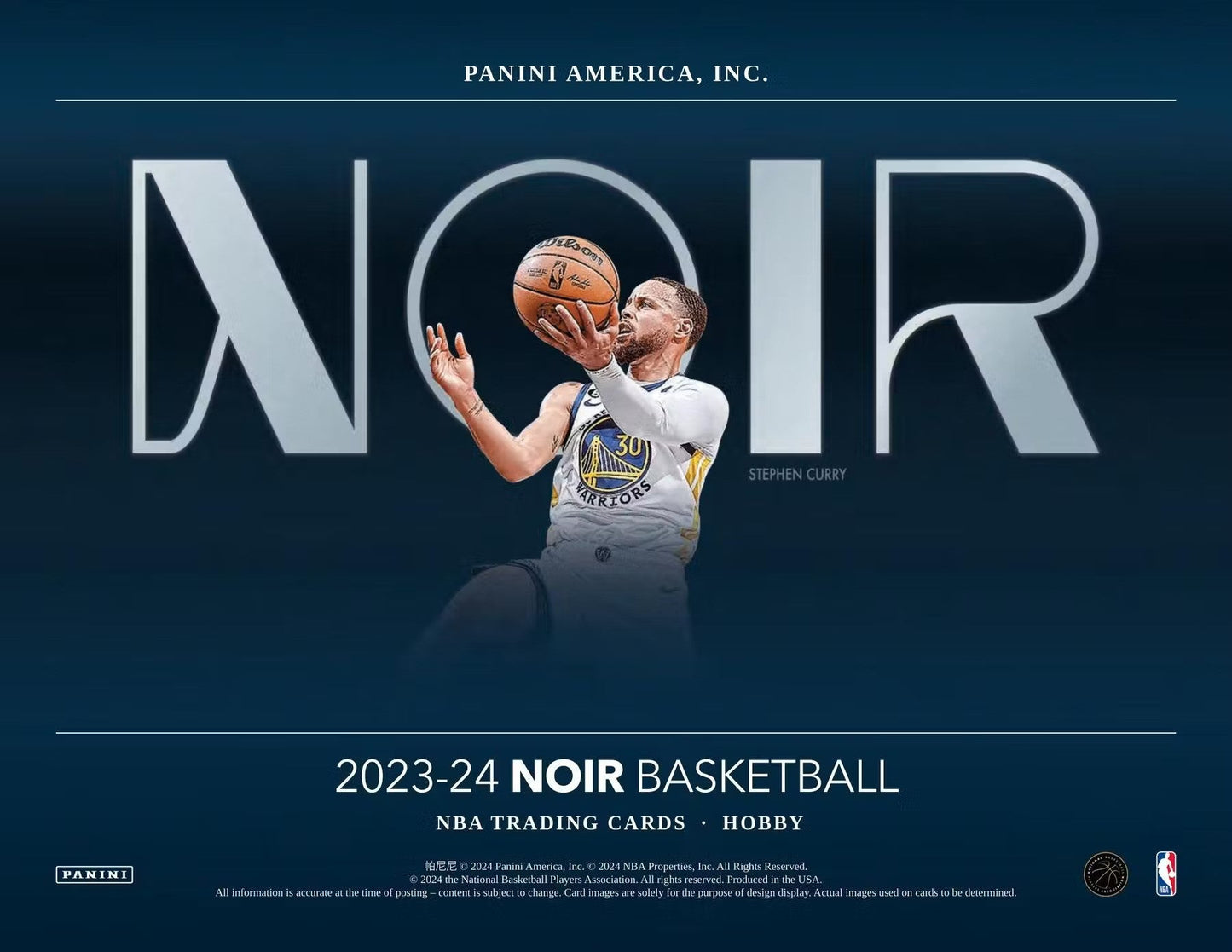 2023-24 Panini Noir Basketball Hobby Box ad showcasing Golden State Warriors memorabilia cards