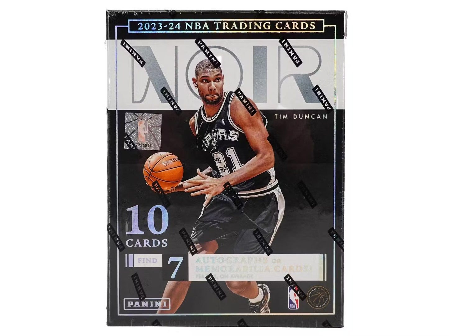 NBA trading card in black and white Spurs uniform from 2023-24 Panini Noir memorabilia cards