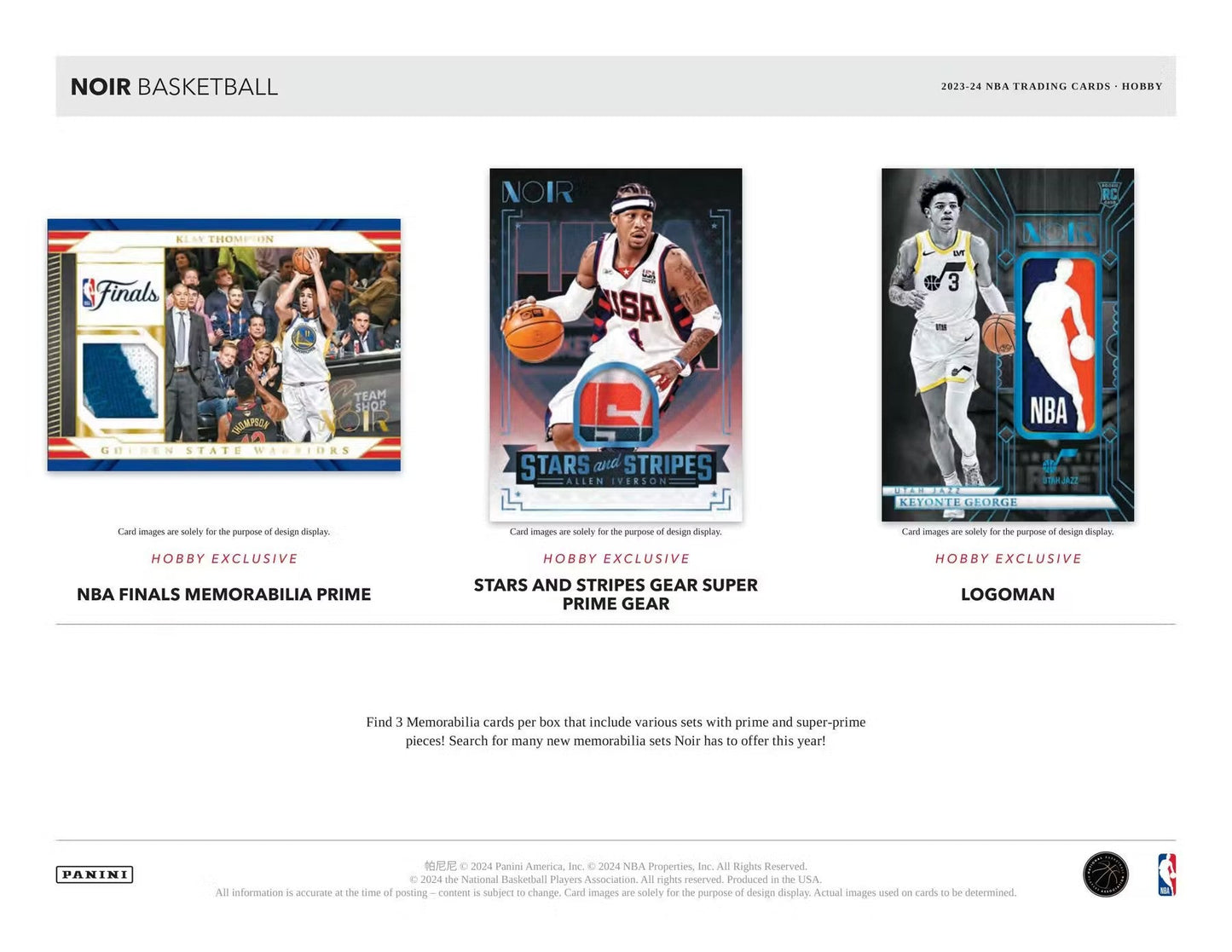 Advertisement for 2023-24 Panini Noir Basketball with memorabilia cards and spotlight signatures