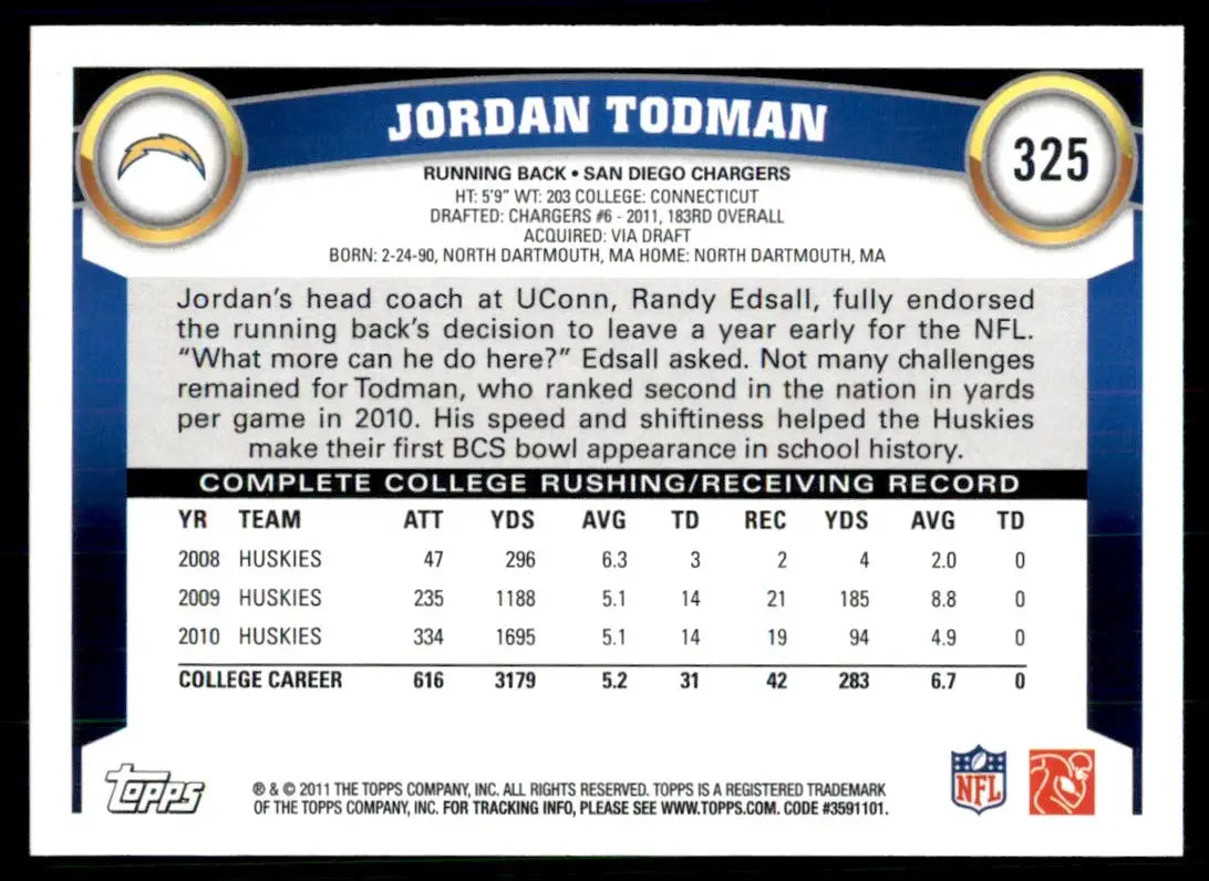 2011 Topps Jordan Todman Rookie San Diego Chargers #325