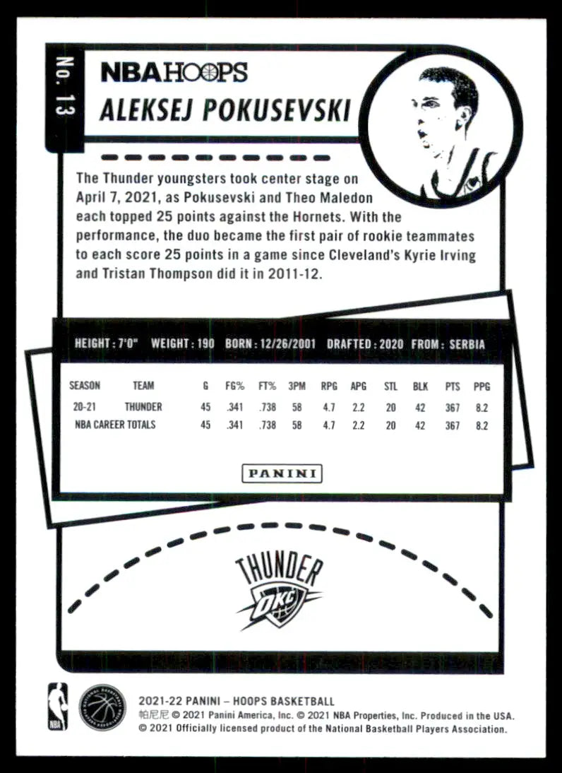 2021-22 Panini NBA Hoops Aleksej Pokusevski Oklahoma City Thunder #13