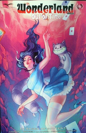 Comic book cover art with a figure in a blue dress falling and the Cheshire Cat for trading cards