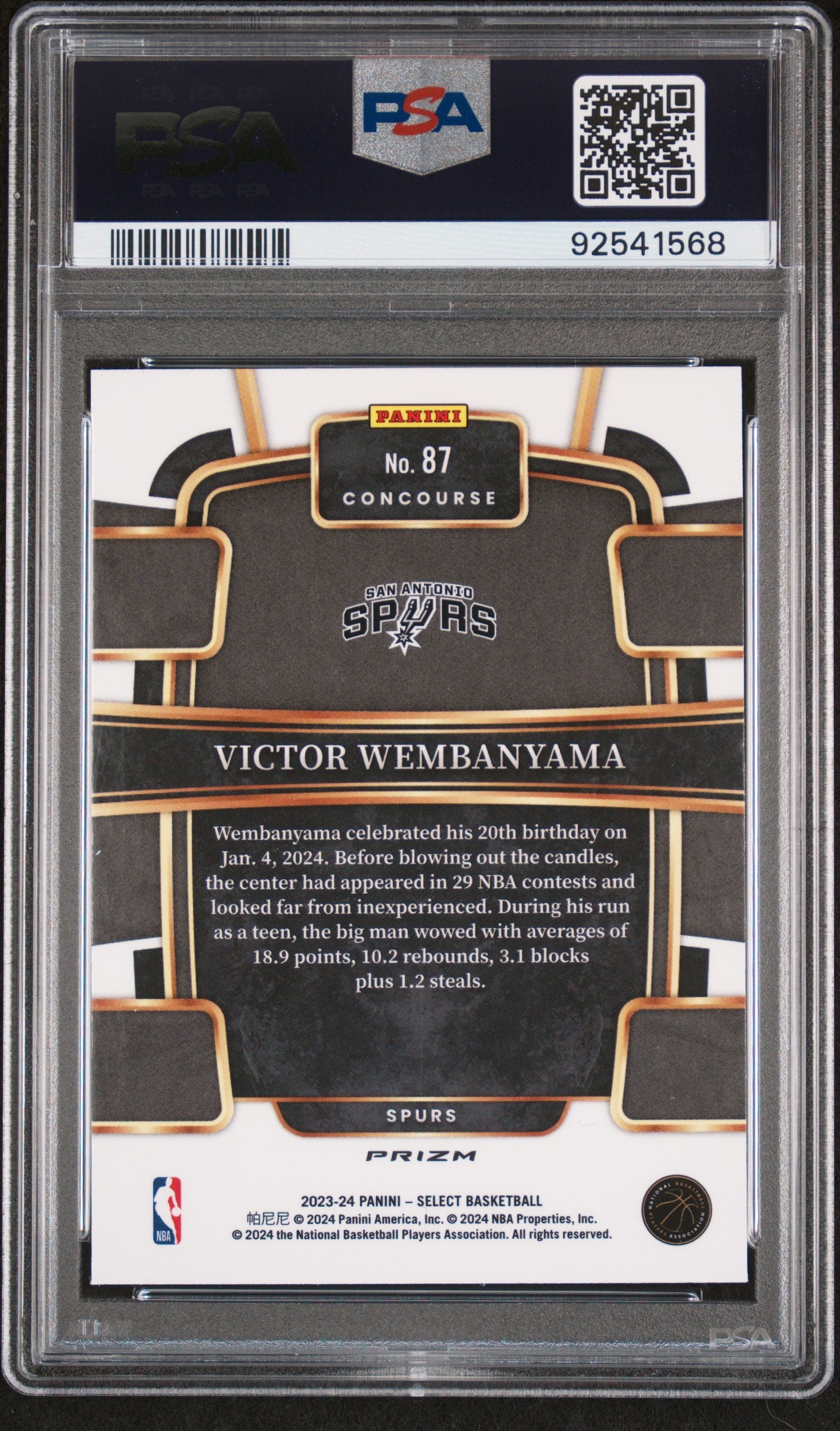 Back side of Victor Wembanyama 2023 Select #87 Blue Prizm PSA 10 trading card