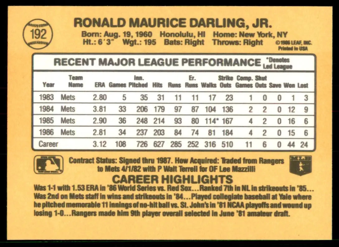 1987 Donruss Ron Darling New York Mets #192