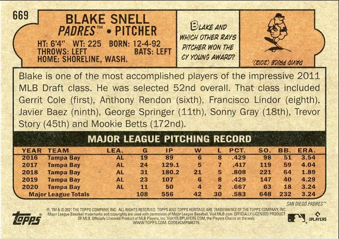 2021 Topps Heritage High Number Blake Snell San Diego Padres #669