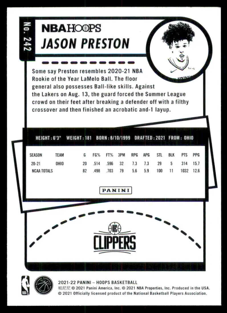 2021-22 Panini NBA Hoops Jason Preston Rookie Los Angeles Clippers #242