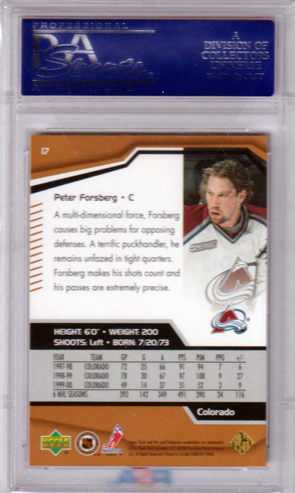 Hockey trading card of Peter Forsberg in protective case, Upper Deck Black Diamond gem mint