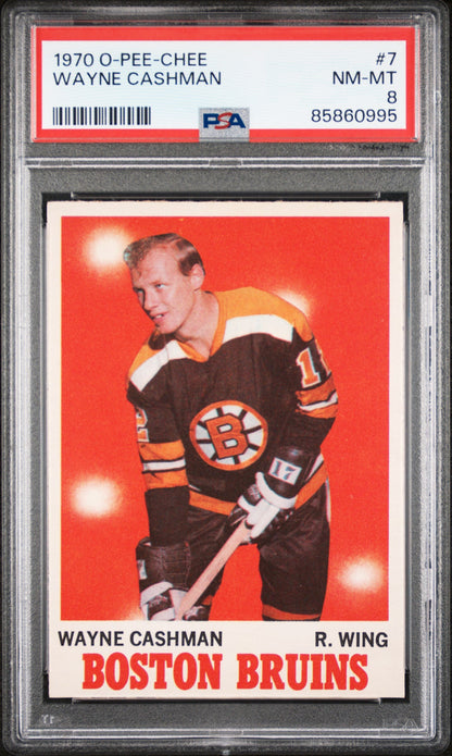 PSA-graded 1970 O-Pee-Chee Wayne Cashman hockey card in NM-MT 7 condition