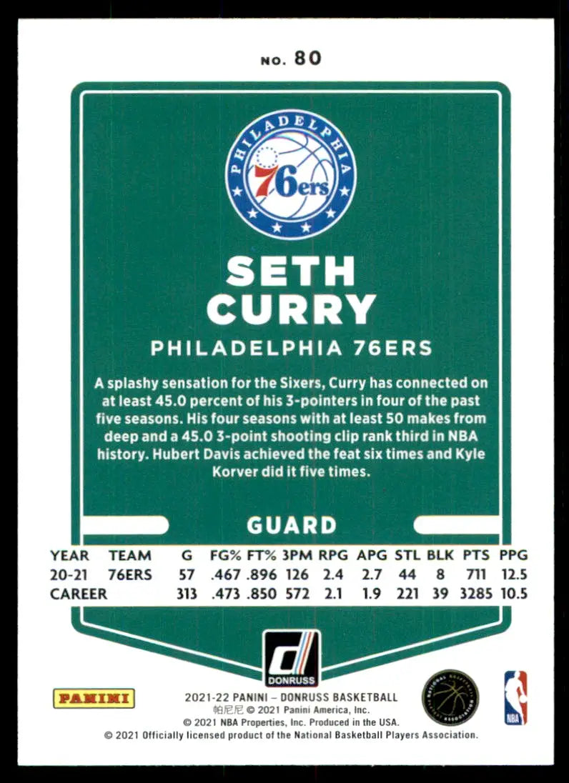 2021-22 Panini Donruss Seth Curry Philadelphia 76ers #80