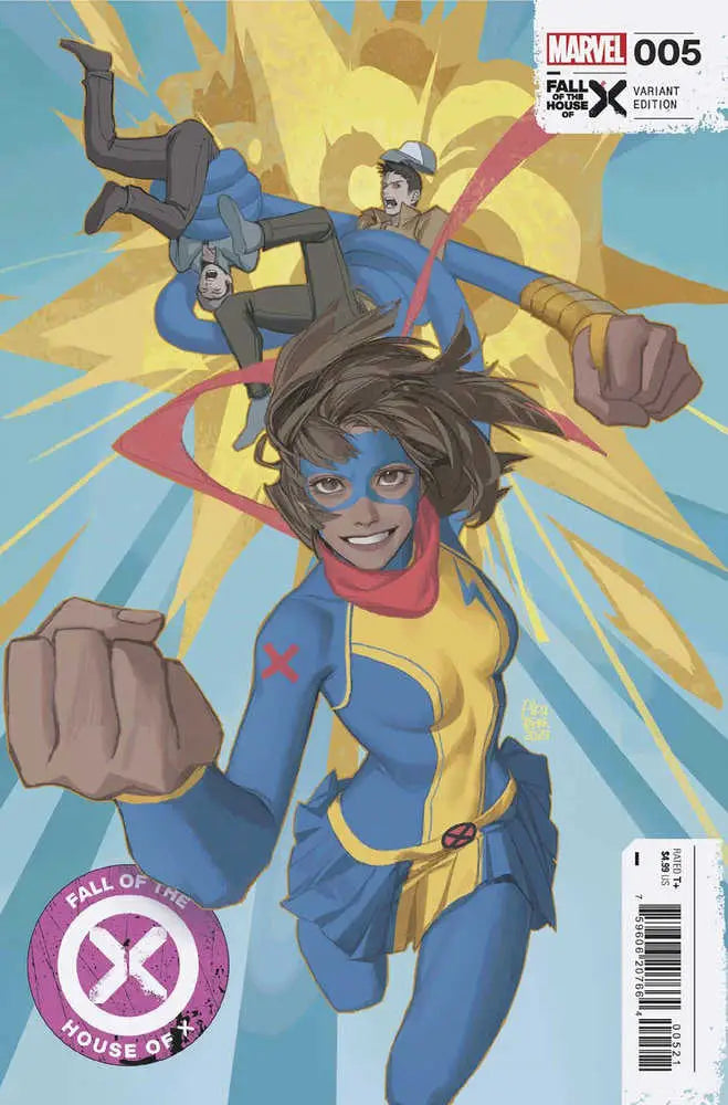 Comic book cover of Fall Of The House Of X #5 featuring superhero flying in blue and yellow