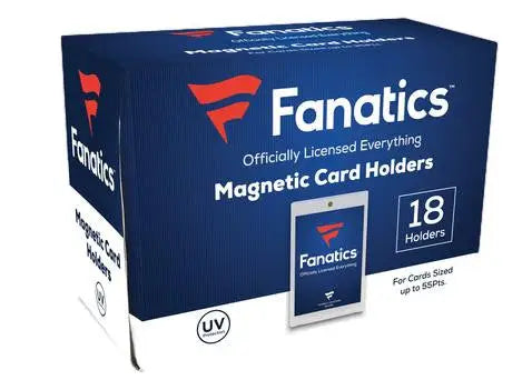 Blue product box for Fanatics Magnetic Card Holders featuring 18 magnetic card holders