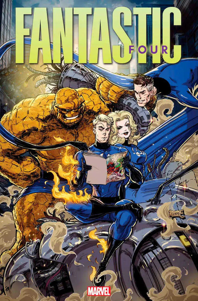 Comic book cover featuring the Fantastic Four, including Susan Storm in action poses