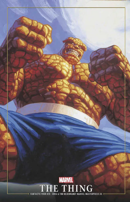 Rocky orange superhero in blue shorts, featured in Fantastic Four #20 trading cards