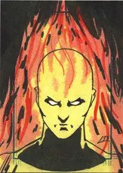 Bald yellow-skinned figure with flames in Leeahd Goldberg Human Torch sketch card