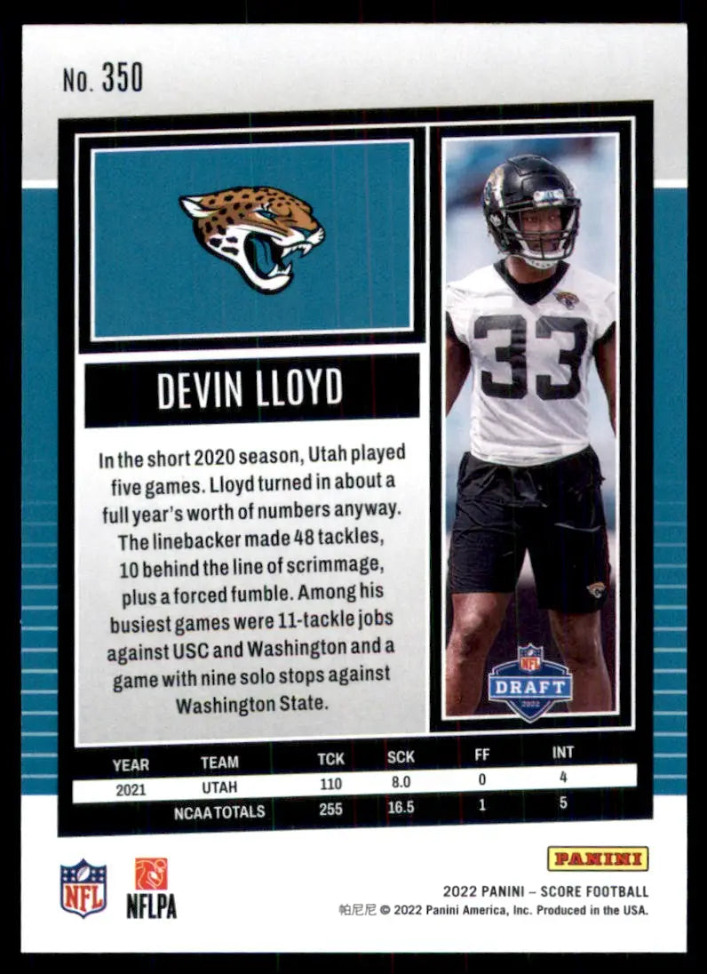 2022 Score Devin Lloyd Rookie Jacksonville Jaguars #350