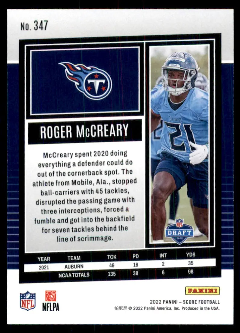 2022 Score Roger McCreary Rookie Tennessee Titans #347