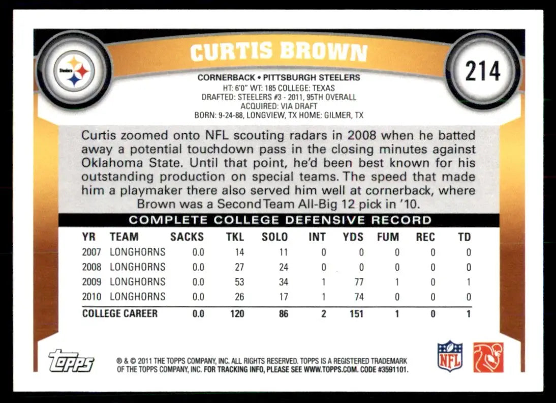 2011 Topps Curtis Brown Rookie Pittsburgh Steelers #214