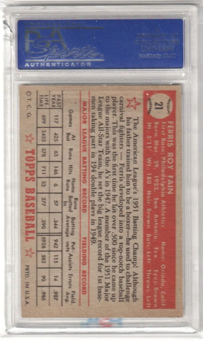 Vintage Ferris Fain 1952 Topps #21 baseball card in protective holder for single cards