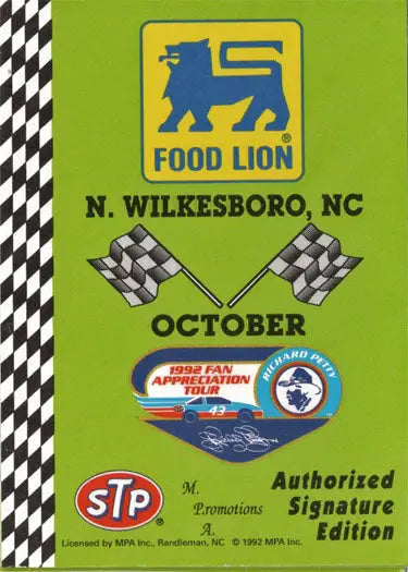 Promotional poster for Food Lion Fan Appreciation Tour with Richard Petty in N. Wilkesboro