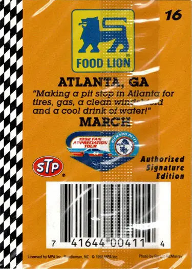 Racing trading card from the Food Lion Fan Appreciation Tour featuring Richard Petty in Atlanta