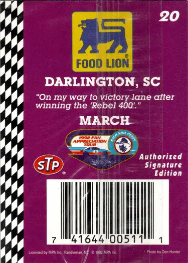 Racing collectible card featuring Food Lion, Richard Petty, and Darlington Fan Appreciation Tour