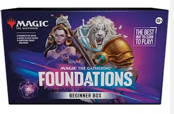 Magic The Gathering Foundations Beginner Box featuring magical characters and a white lion