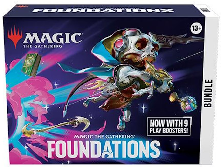 Magic The Gathering Foundations Bundle Box with colorful fantasy artwork and 9 play boosters