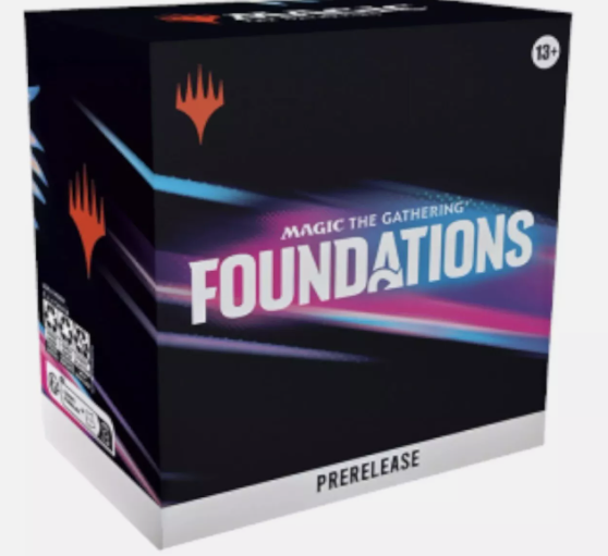 Magic The Gathering Foundations Prerelease Box featuring a purple and blue gradient design