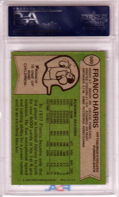 Franco Harris 1978 Topps #500 All Pro PSA 8 NM-MT trading card in case with green background